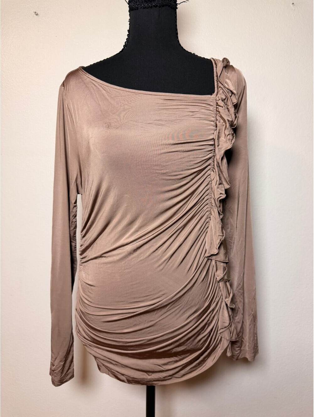 LOFT Fall Taupe Long Sleeve Ruched Ruffle Top M - Picture 1 of 7